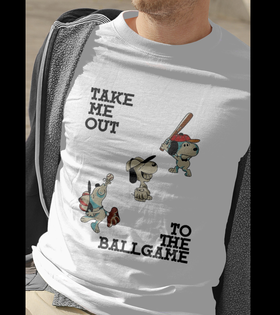 Snoopy Take Me Out To The Ballgame Baseball Red Cap Batting And Catching T-Shirt