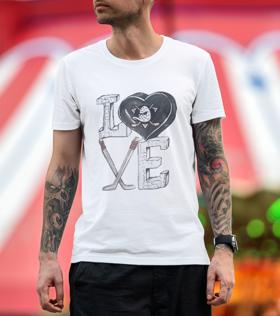 Anaheim Ducks Puck Heart Love Hockey Sticks T-Shirt