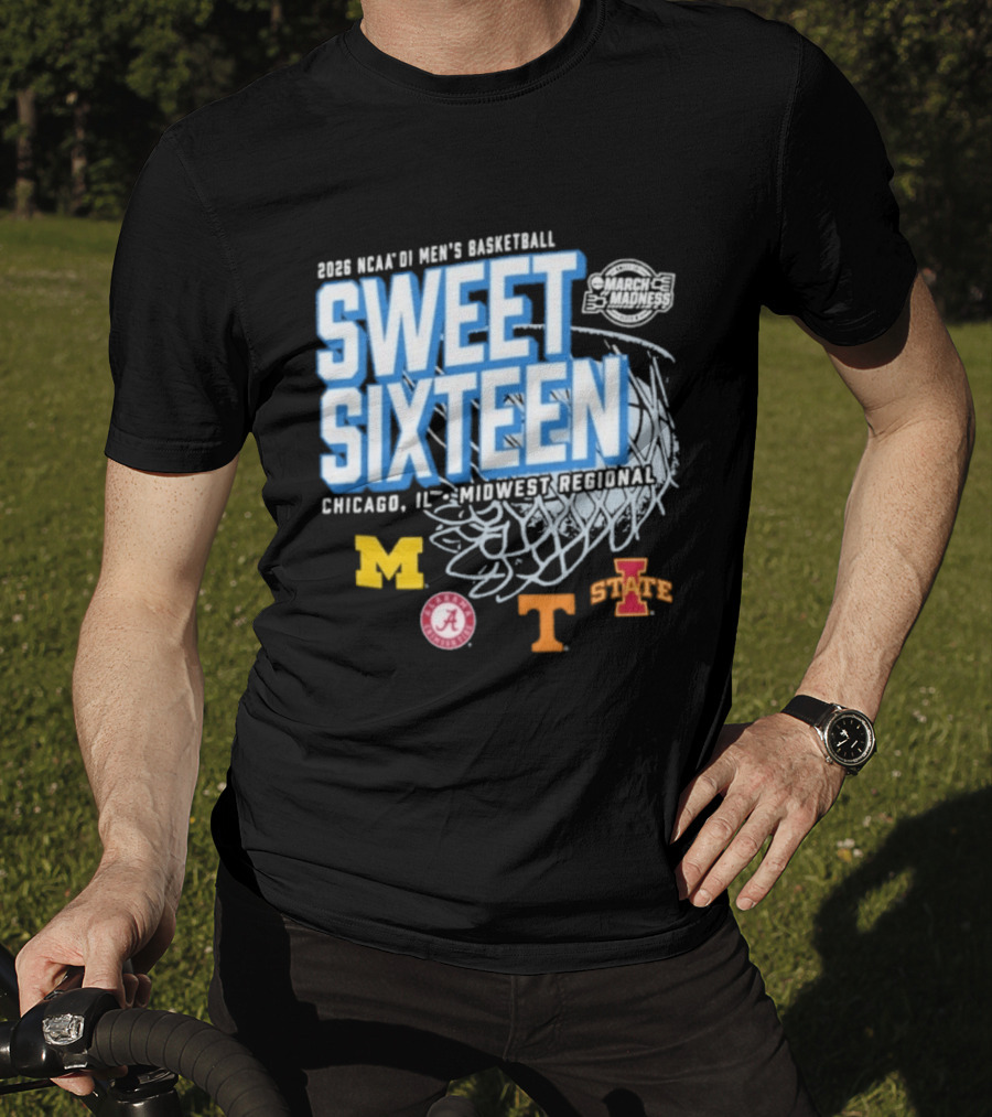 2026 NCAA DI Men's Basketball Sweet Sixteen Chicago IL Midwest Regional Michigan Alabama Tennessee Iowa State T-Shirt