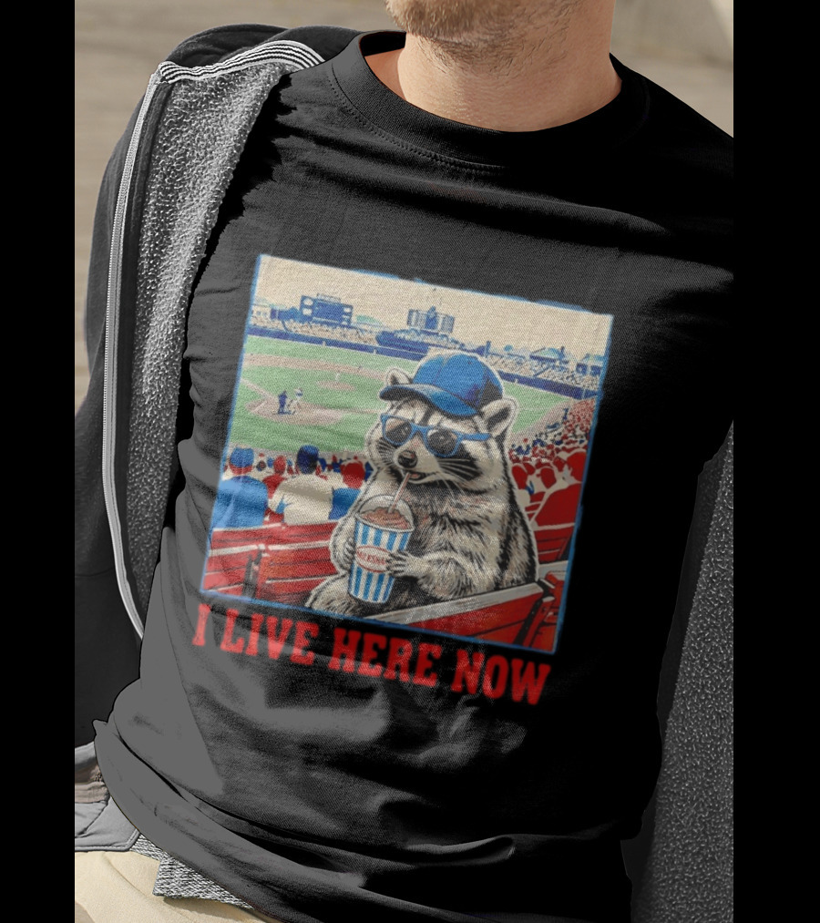 Raccoon Milkshake Baseball Field I Live Here Now T-Shirt