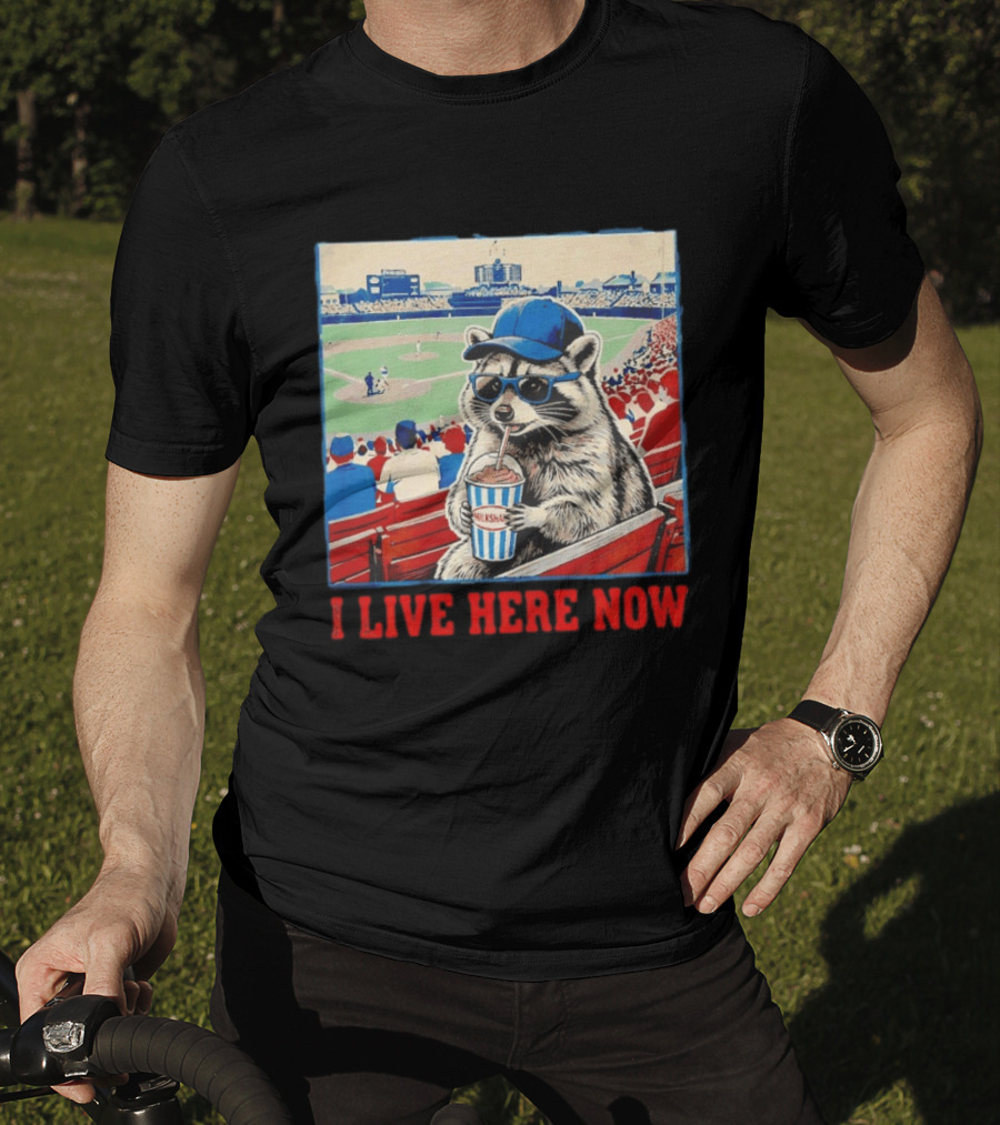 Raccoon Milkshake Baseball Field I Live Here Now T-Shirt