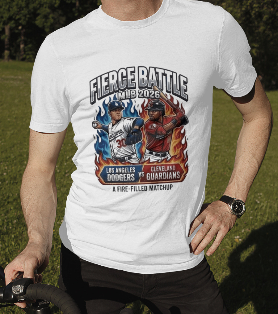 Fierce Battle MLB 2026 Los Angeles Dodgers Vs Cleveland Guardians Fire Filled Matchup T-Shirt