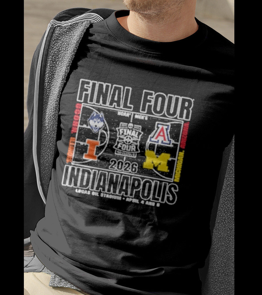 Final Four 2026 Indianapolis Michigan UConn Arizona Illinois Basketball Court T-Shirt