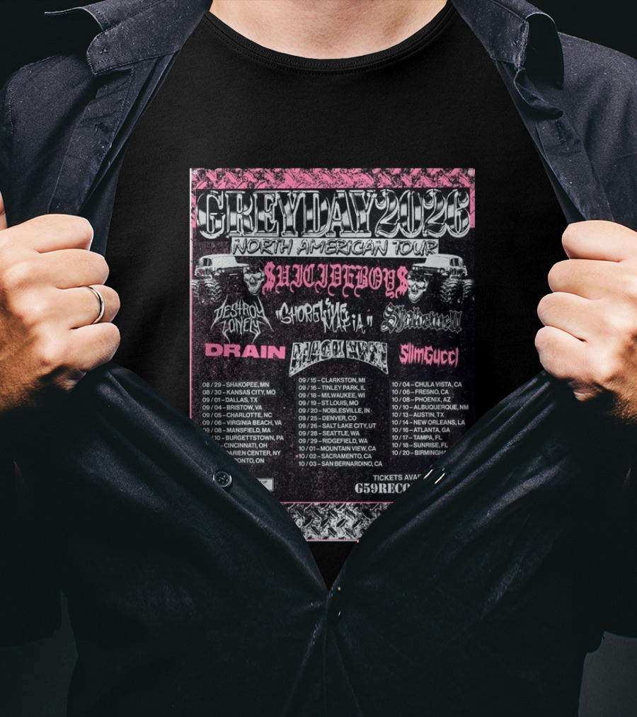 Grey Day 2026 North American Tour Suicide Boys, Destroy Lonely, Ghostemane, Drain, Slim Gucci With Schedule T-Shirt