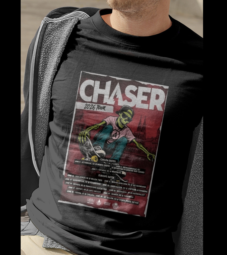Chaser 2026 Tour Canada Europe Dates Skeleton Skateboarding T-Shirt