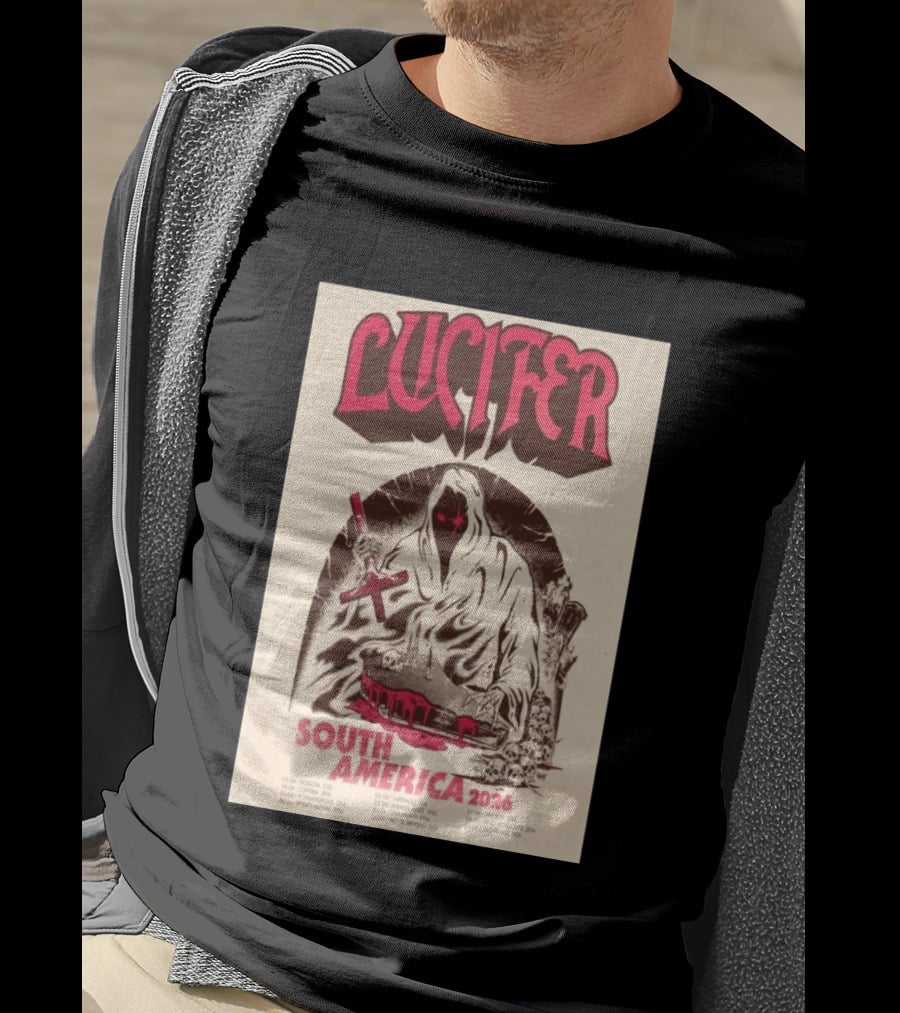 Lucifer South America 2026 Tour Schedule With Hooded Figure And Skulls T-Shirt