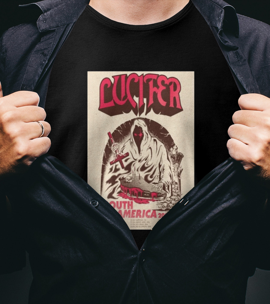 Lucifer South America 2026 Tour Schedule With Hooded Figure And Skulls T-Shirt