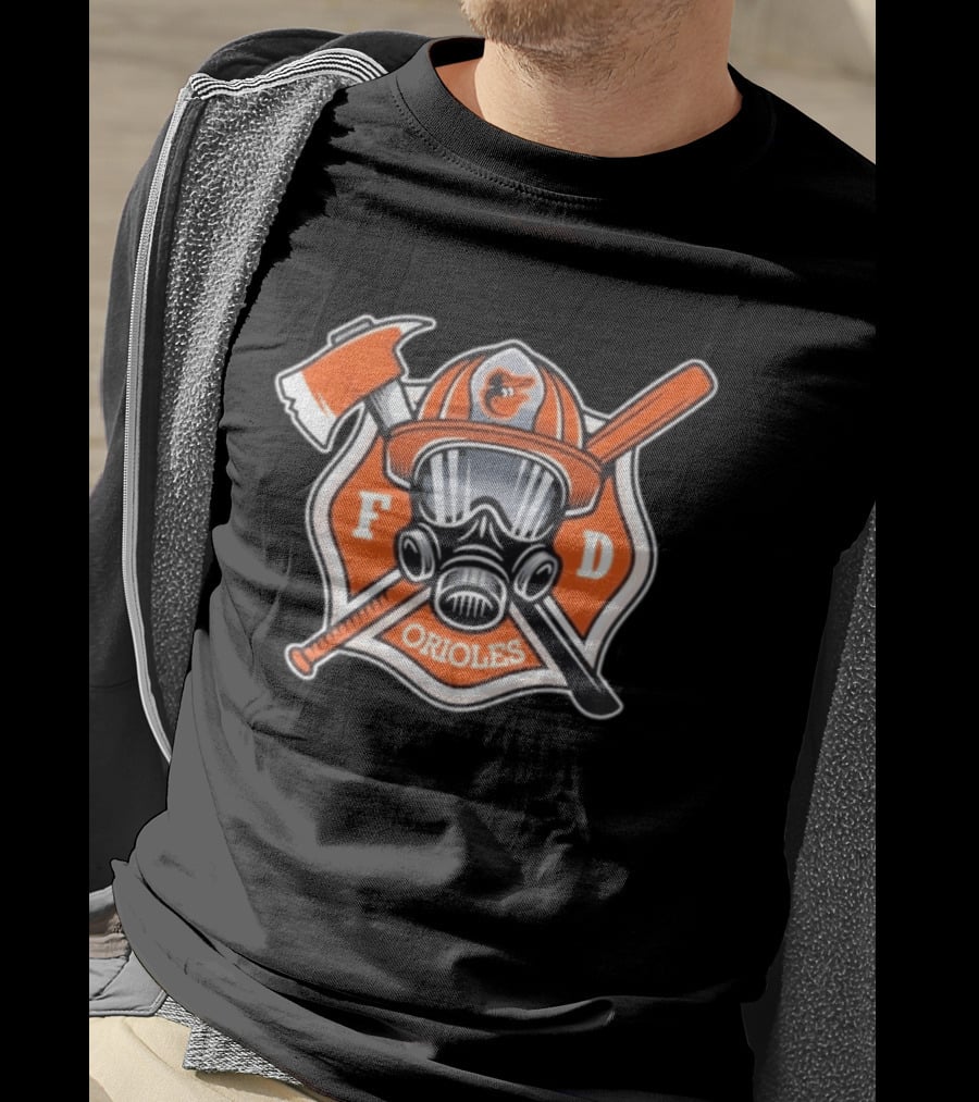 2026 Orioles FD Firefighter Appreciation Mask Helmet Axe Crossed Bat T-Shirt