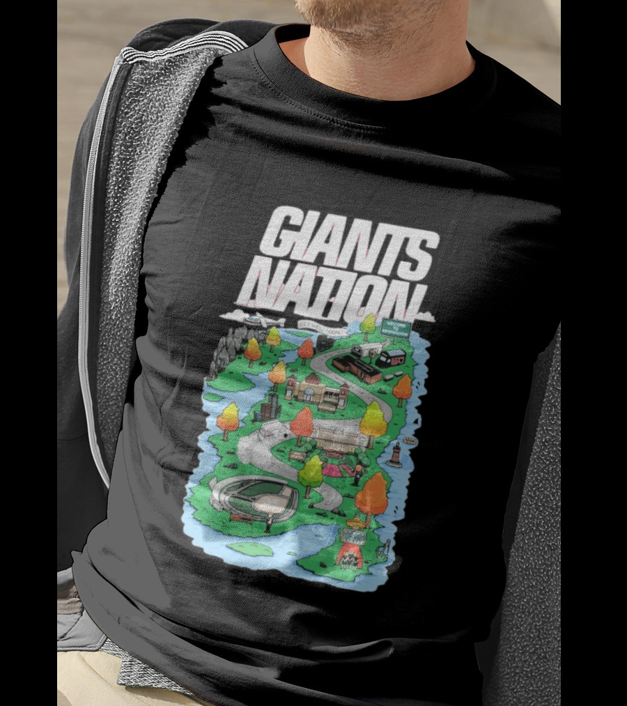 Bobby Skinner Giants Nation Cartoon Landscape Get Well Soon Welcome To Giants Nation Balloon Trees River T-Shirt