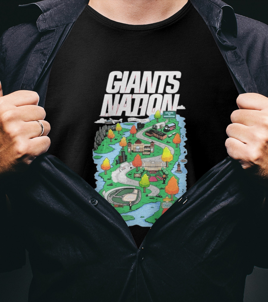 Bobby Skinner Giants Nation Cartoon Landscape Get Well Soon Welcome To Giants Nation Balloon Trees River T-Shirt
