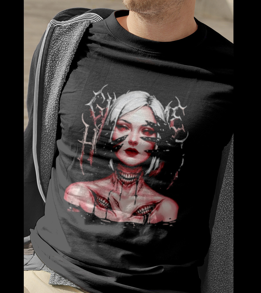 Dark Embrace Washed Creepy Pale Woman Fantasy Eyes T-Shirt