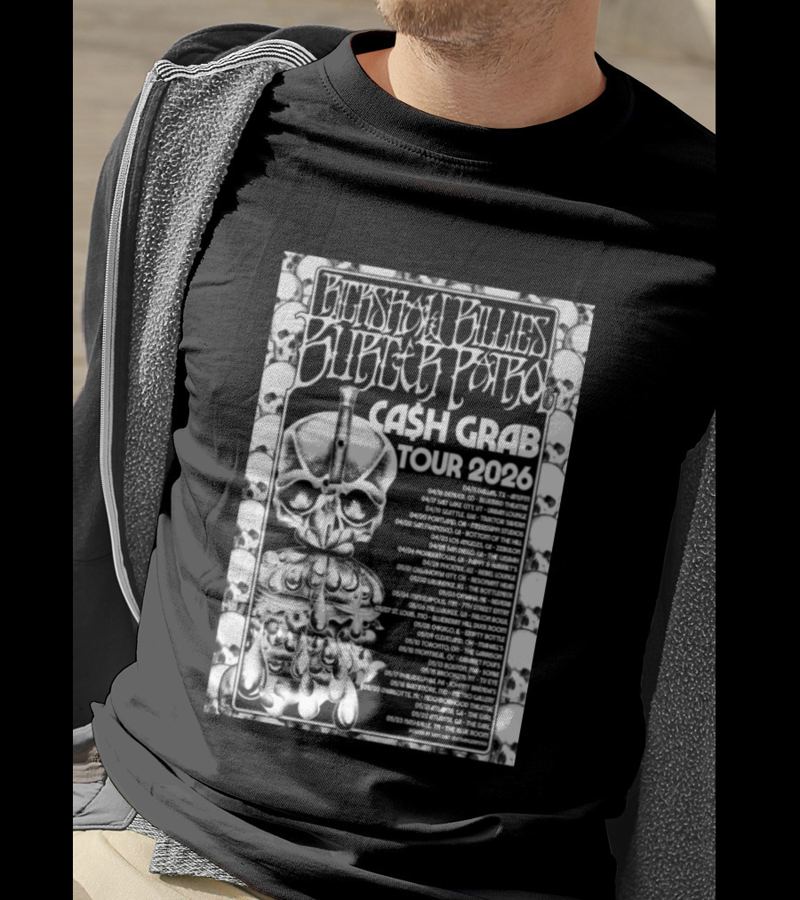 Rickshaw Billies Burger Patrol Cash Grab Tour 2026 Concert Dates Sketched Skull T-Shirt