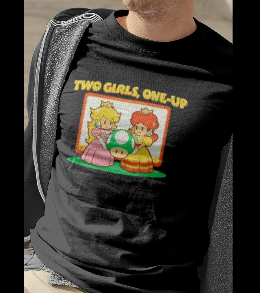 Two Girls One Up Mario Princess Peach Daisy 1 Up Mushroom T-Shirt