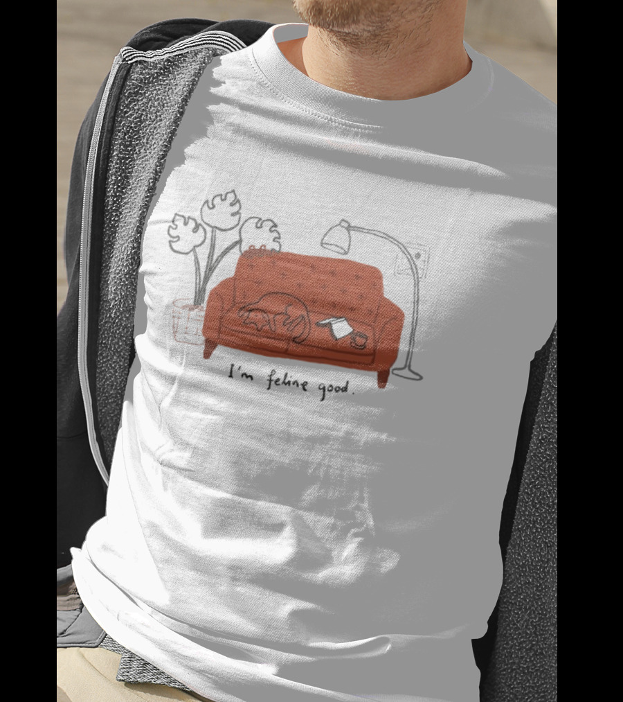 Wituka I'm Feline Good Cat On Couch With Coffee Cup And Lamp T-Shirt