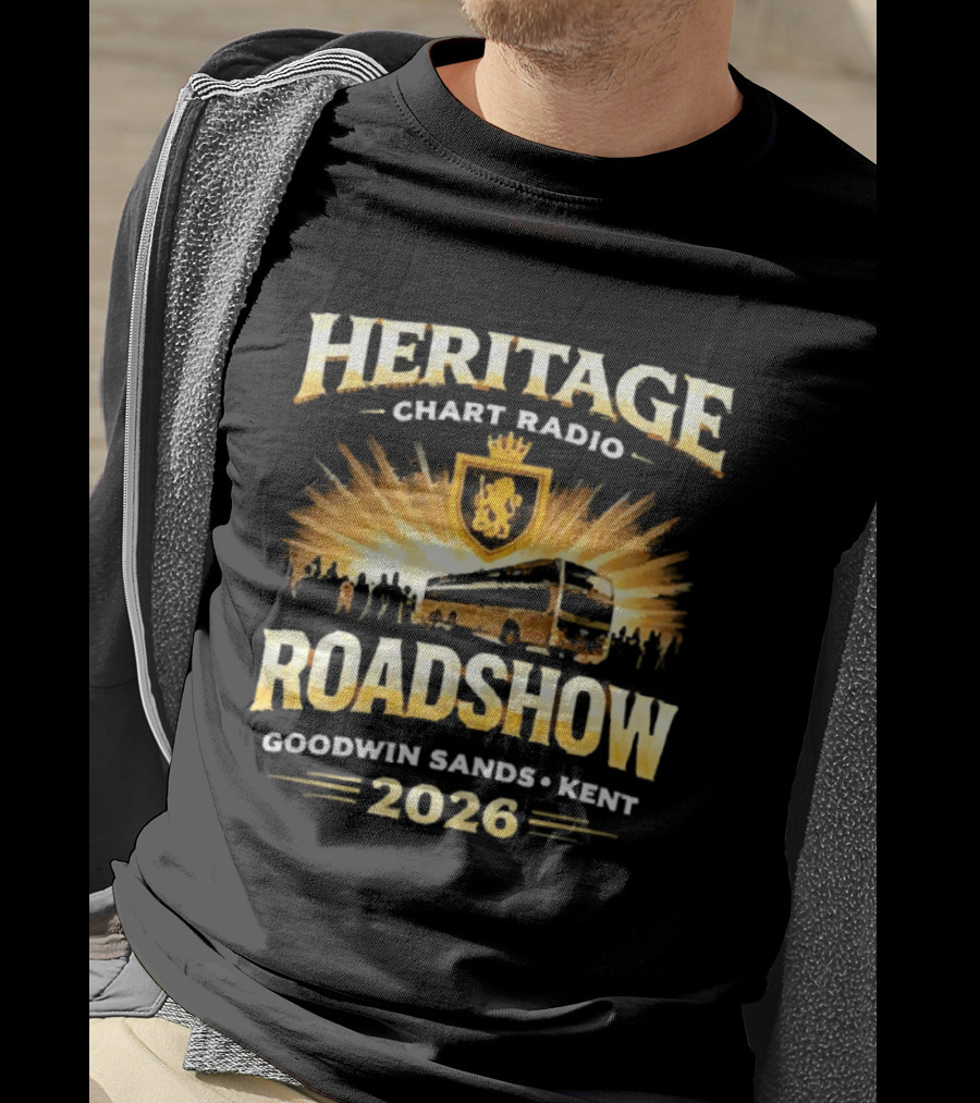 Heritage Chart Radio Roadshow Goodwin Sands Kent 2026 Lion Crest Bus Tour T-Shirt