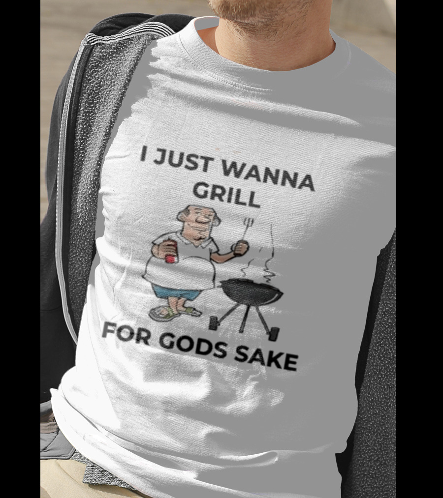 I Just Wanna Grill For God's Sake BBQ Cartoon Character Holding Fork T-Shirt