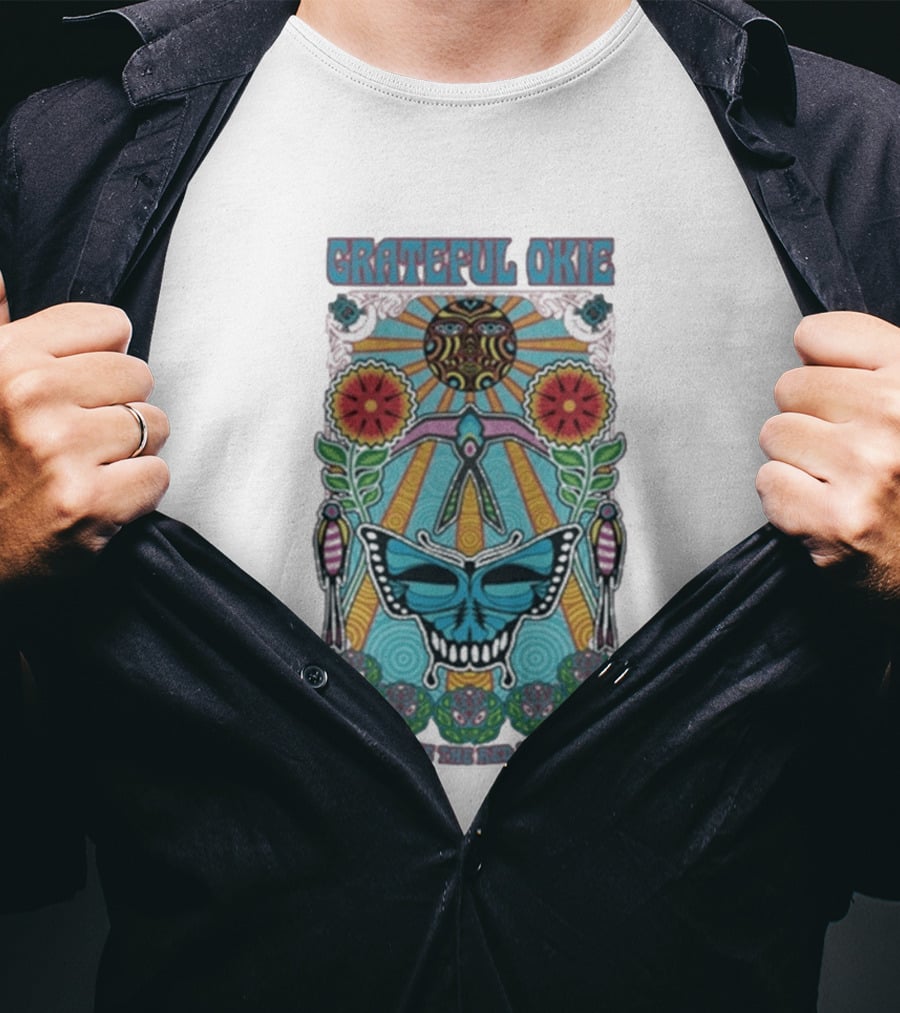 Grateful Okie Going Where The Red Dirt Grows Butterfly And Floral Sunburst T-Shirt