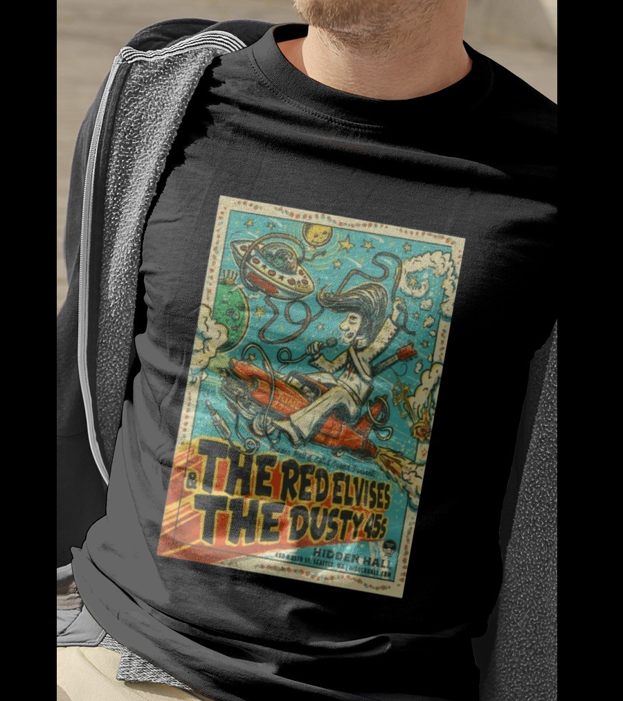 The Red Elvises And The Dusty 45s June 27th Hidden Hall Seattle Vintage UFO Art Retro Space T-Shirt