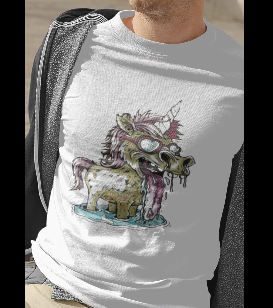 Hills Draws Unicorn With Sunglasses And Tongue Out In White T-Shirt