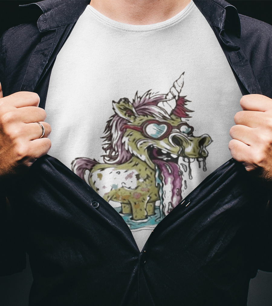 Hills Draws Unicorn With Sunglasses And Tongue Out In White T-Shirt