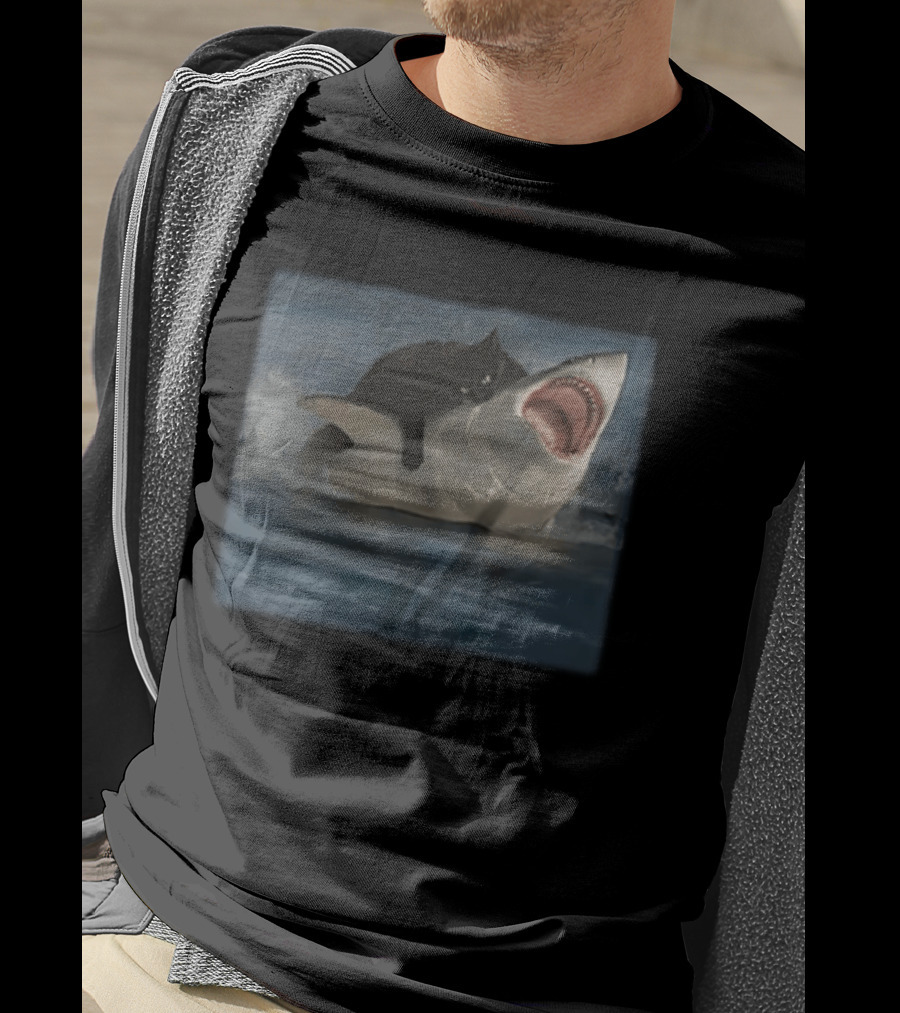 Black Cat Riding On Great White Shark Ocean Adventure T-Shirt