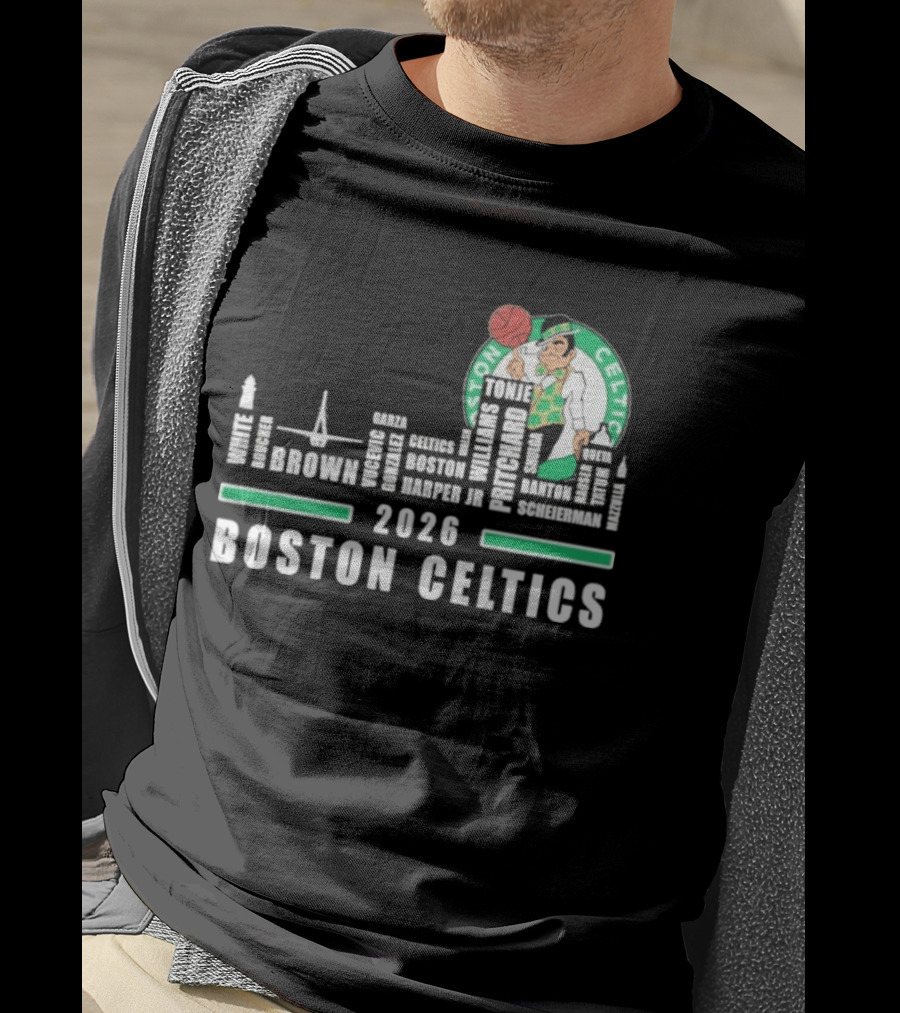 2026 Boston Celtics Brown Tatum Brogdon Porzingis White Smart Hoops Skyline T-Shirt