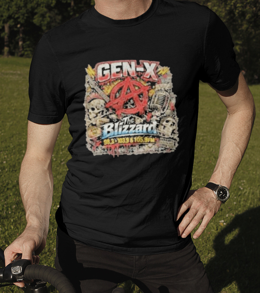 Gen X The Blizzard 98.3 103.9 105.9 FM Anarchy Skulls Microphone T-Shirt