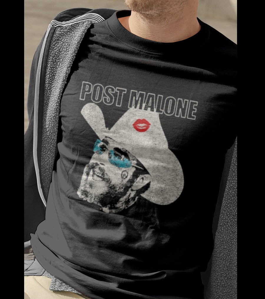 Post Malone Cowboy Hat Kiss Red Lips Blue Sunglasses T-Shirt