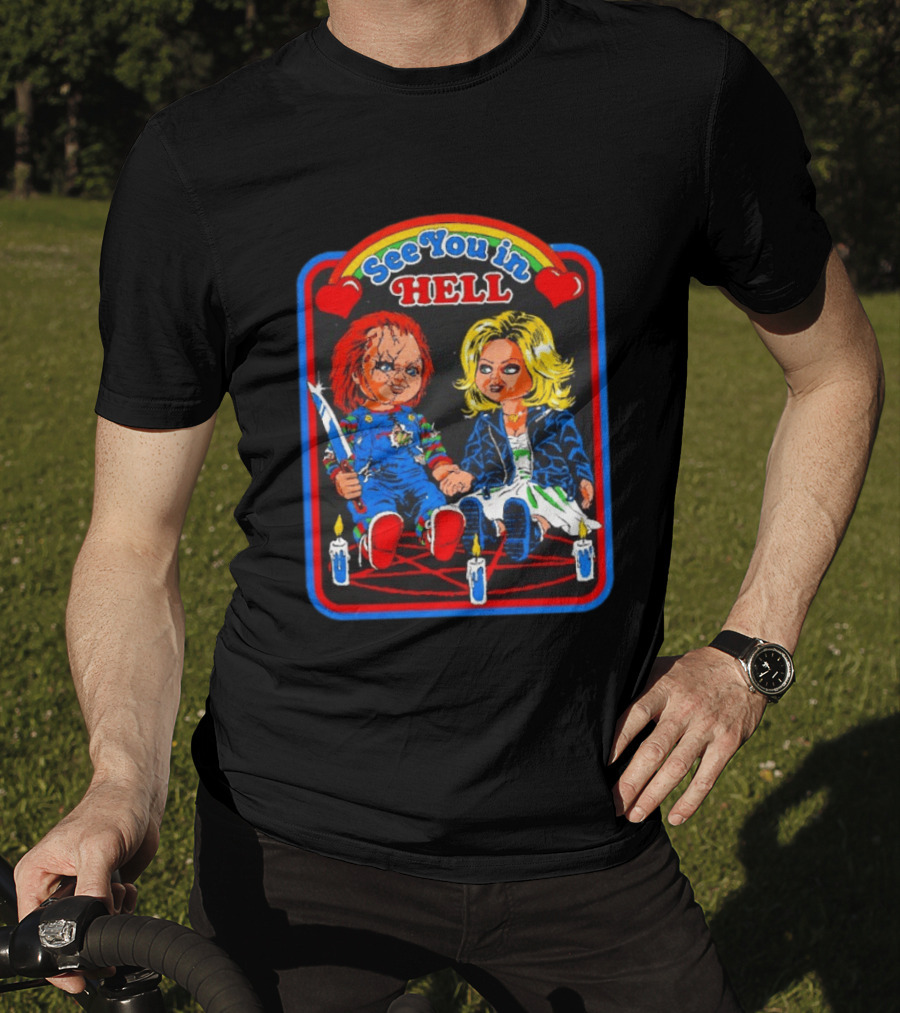 See You In Hell Chucky And Bride Horror Movie Characters Candles T-Shirt