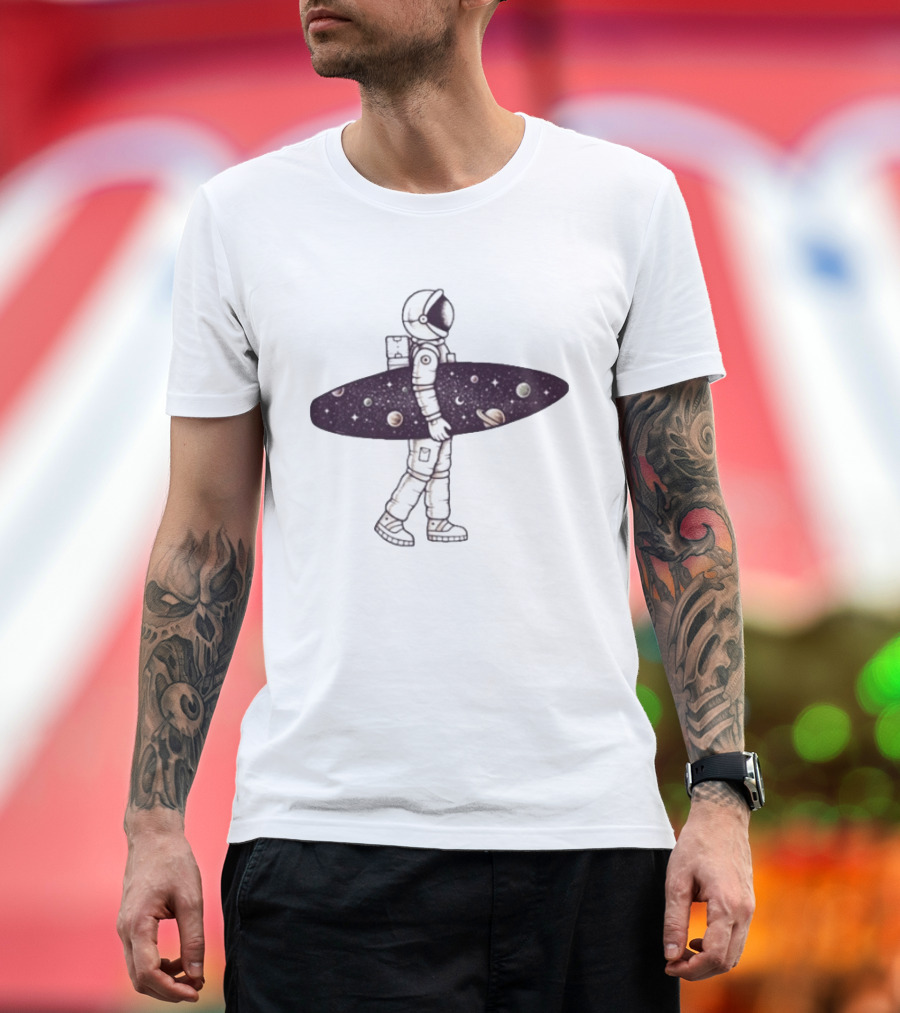 Astronaut Surfer Exploring Cosmic Adventure With Planets And Stars T-Shirt