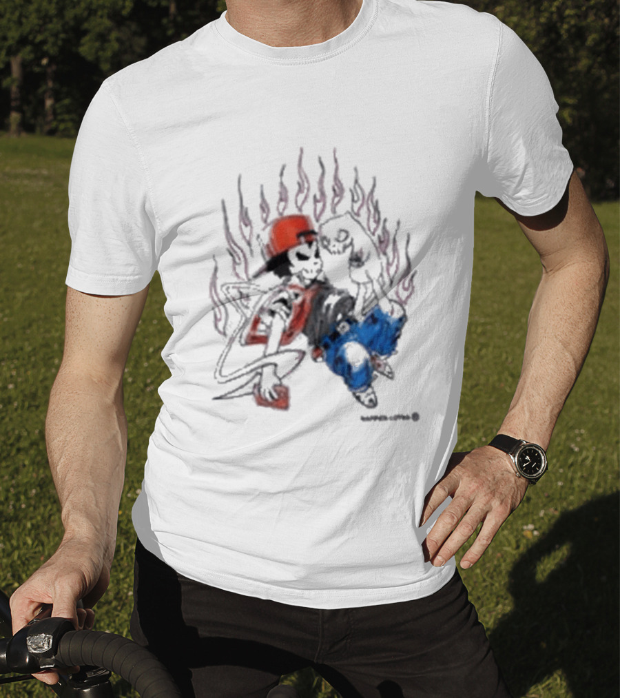Warren Lotas Boy And Cat Surrounded By Flames Vintage Streetwear T-Shirt