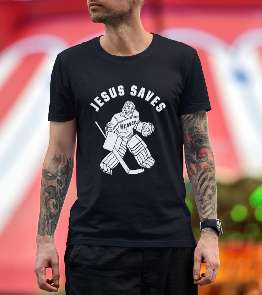 Jesus Saves Hockey Goalie Blocking Puck T-Shirt