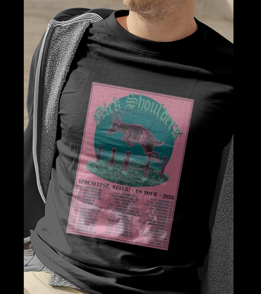 Nick Shoulders Apocalypse Never US Tour 2026 Retro Pink And Teal Leaping Deer Design With Tour Dates T-Shirt