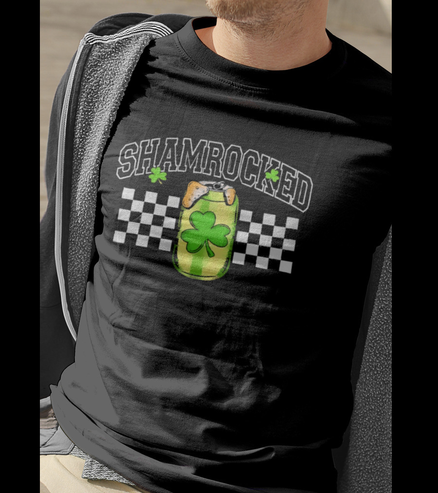 Shamrocked St. Patrick's Day Beer Can Checkerboard Clover USA T-Shirt