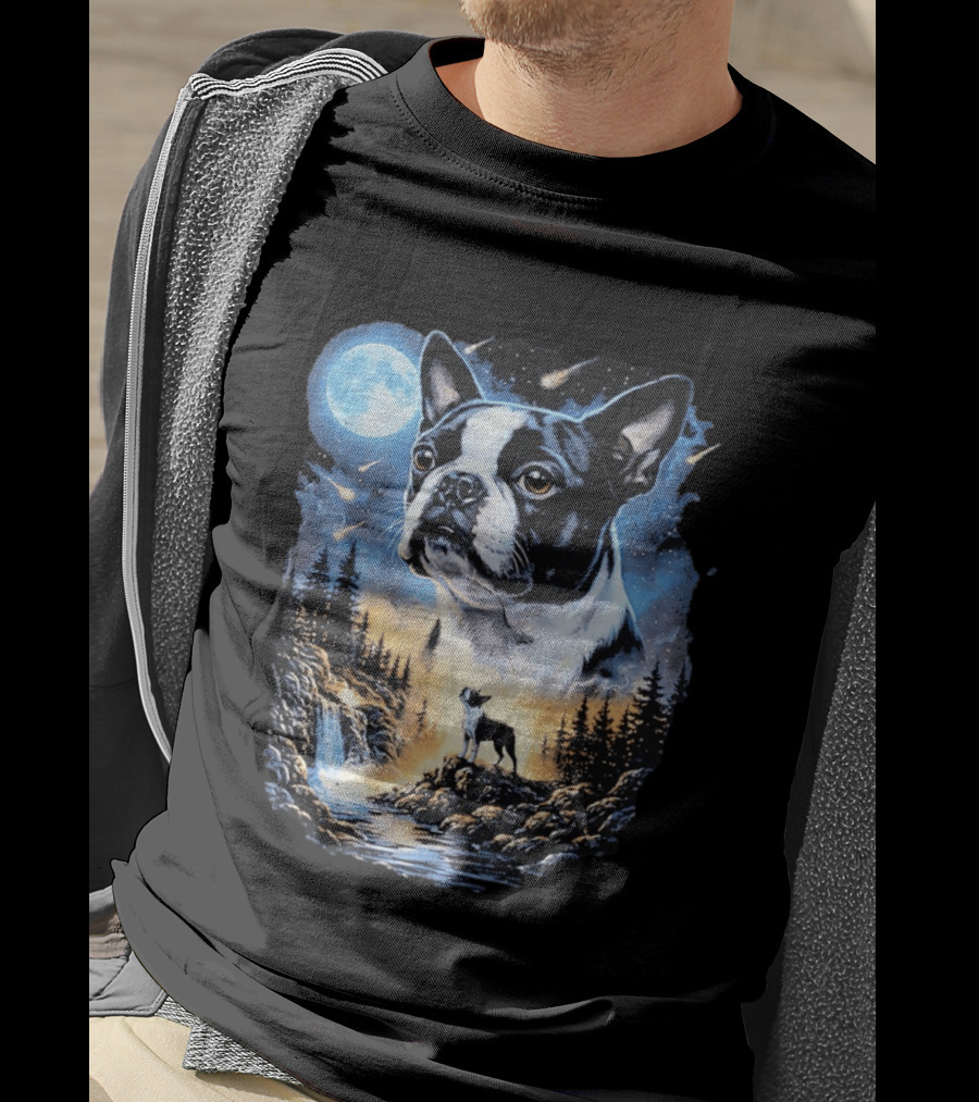 Boston Terrier Howling Moon Night Wilderness Scene T-Shirt