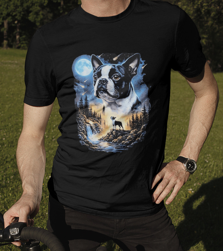 Boston Terrier Howling Moon Night Wilderness Scene T-Shirt