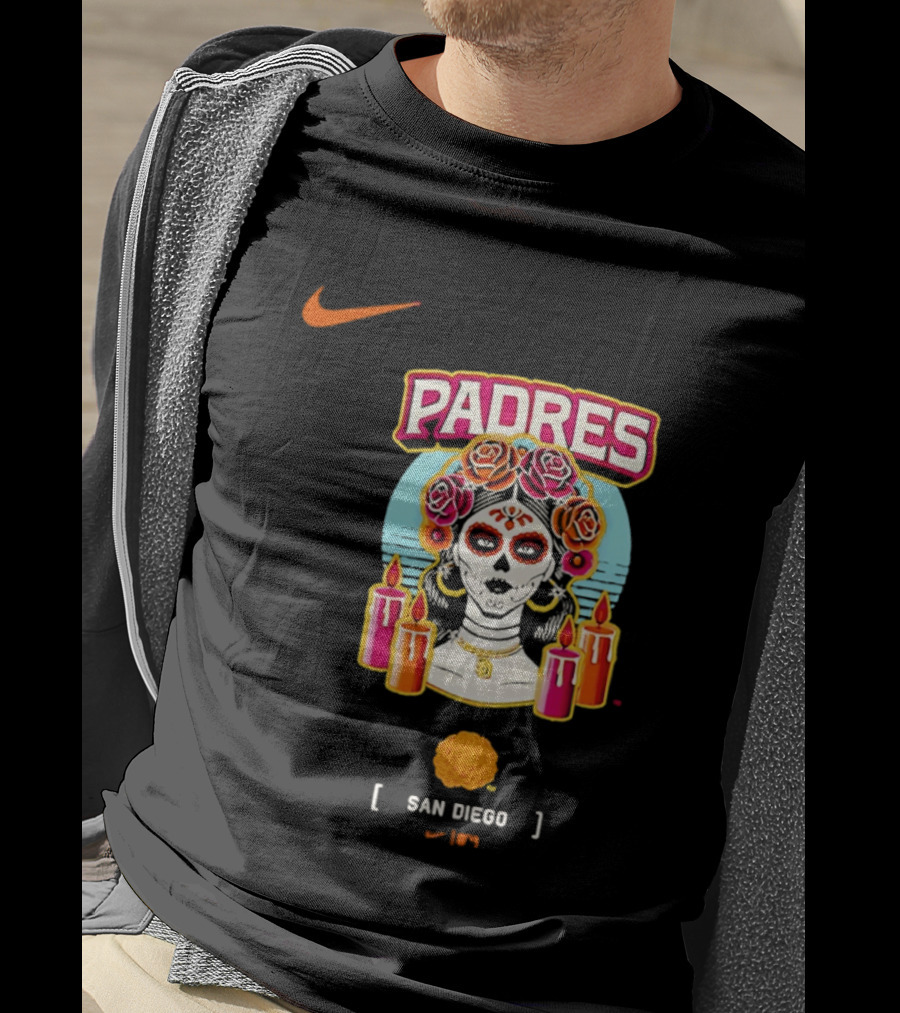 Nike San Diego Padres 2026 City Connect Dia De Los Muertos Candles Roses Large T-Shirt