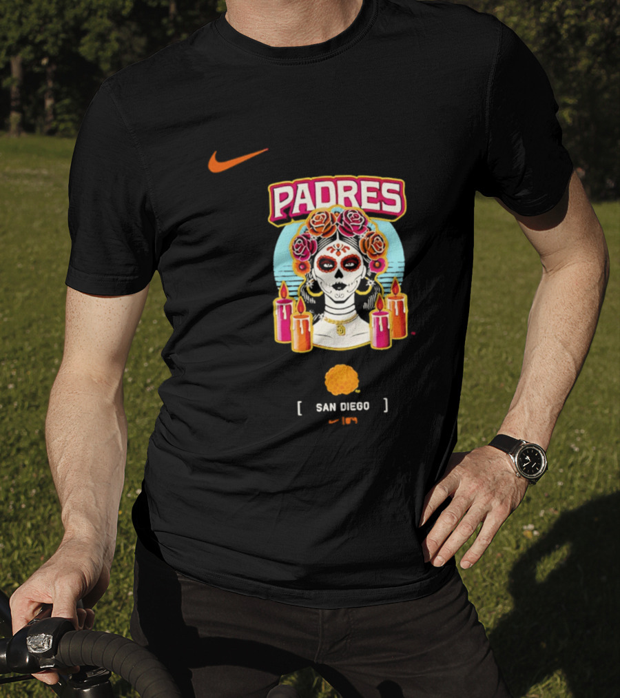 Nike San Diego Padres 2026 City Connect Dia De Los Muertos Candles Roses Large T-Shirt