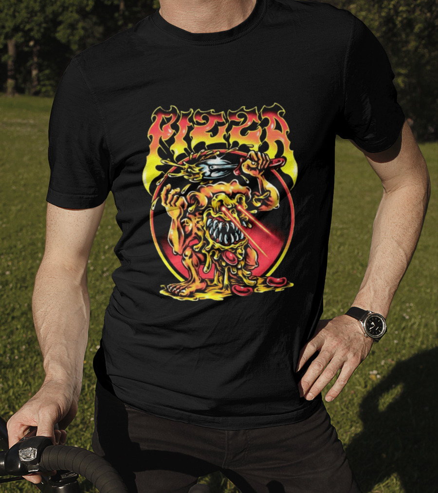 Pizza Monster Melting Laser Eyes Fiery Cheesy Creature T-Shirt