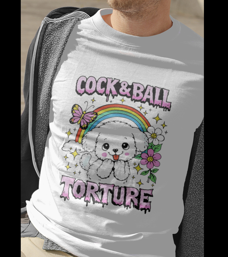 Cock And Ball Torture Dog Rainbow Butterfly Flowers T-Shirt