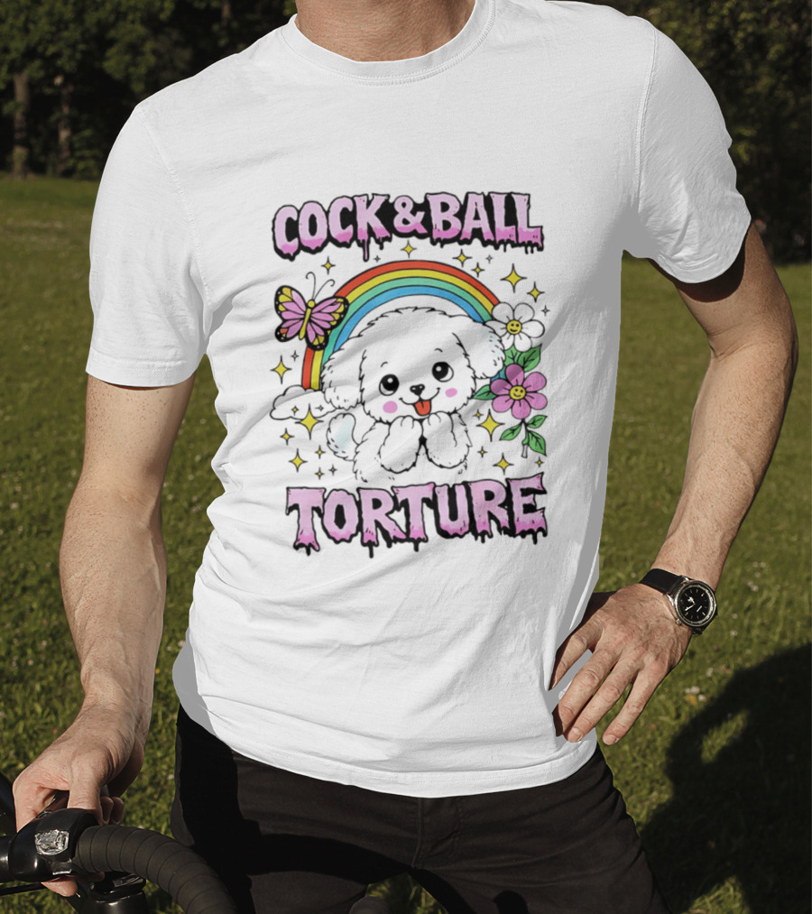 Cock And Ball Torture Dog Rainbow Butterfly Flowers T-Shirt