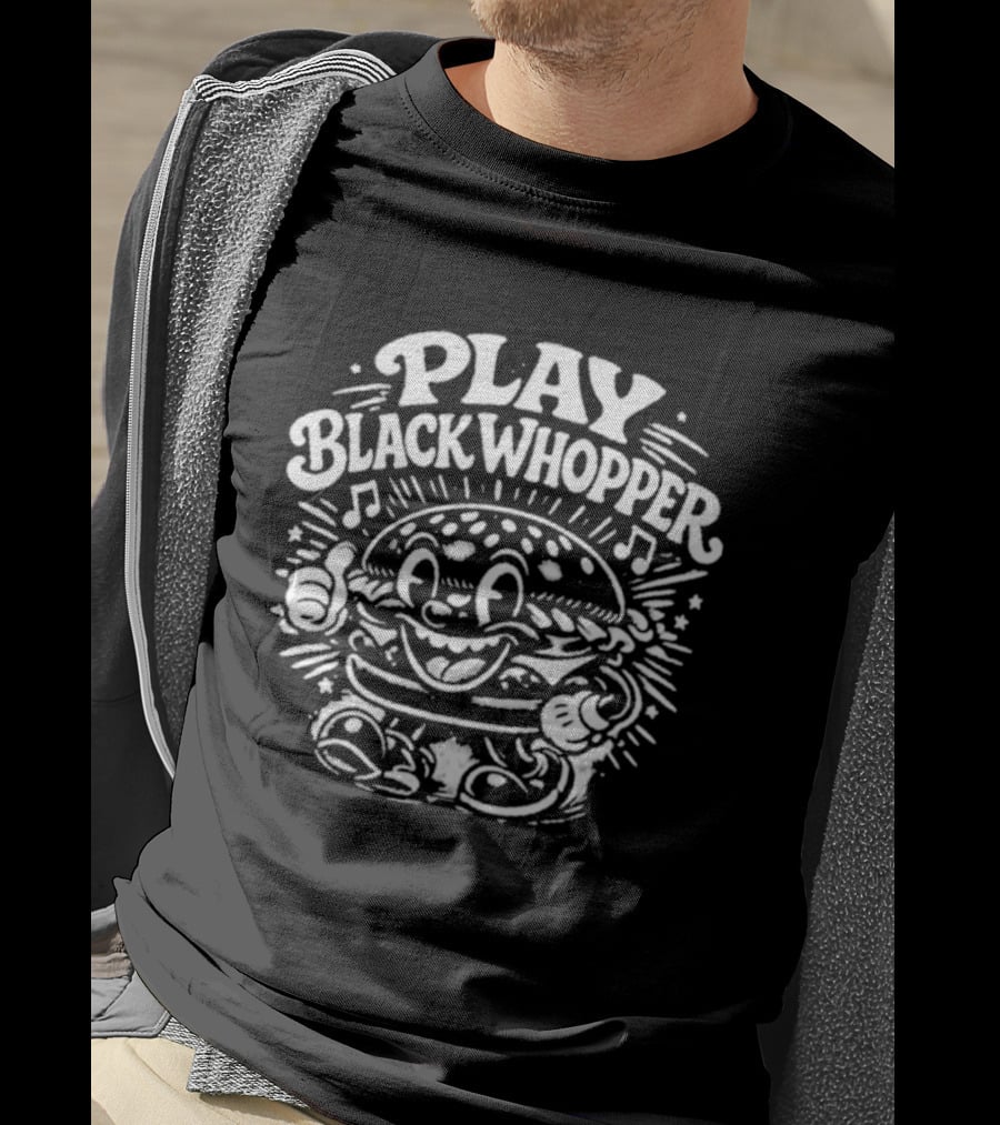 Play Black Whopper Burger Cartoon Thumbs Up Music Notes T-Shirt