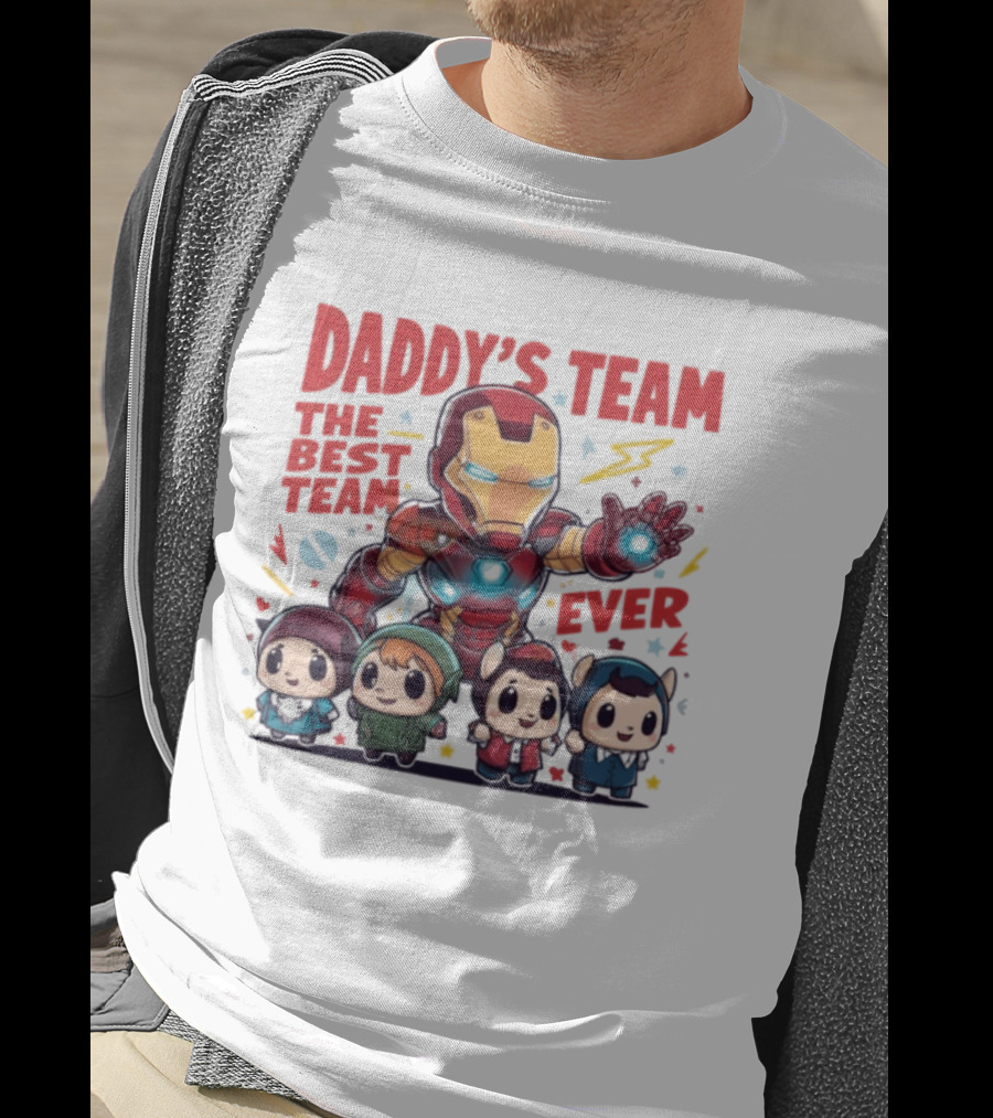 Daddys Team The Best Team Ever Superhero Dad Iron Man And Kids T-Shirt