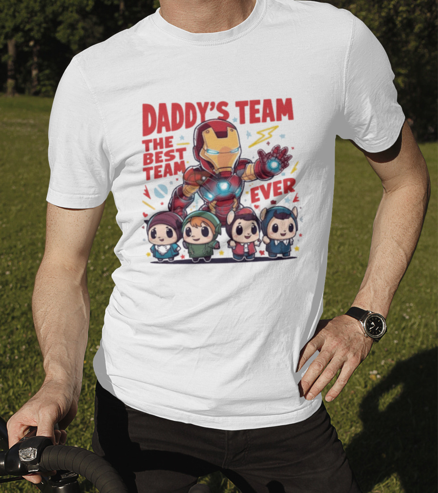 Daddys Team The Best Team Ever Superhero Dad Iron Man And Kids T-Shirt
