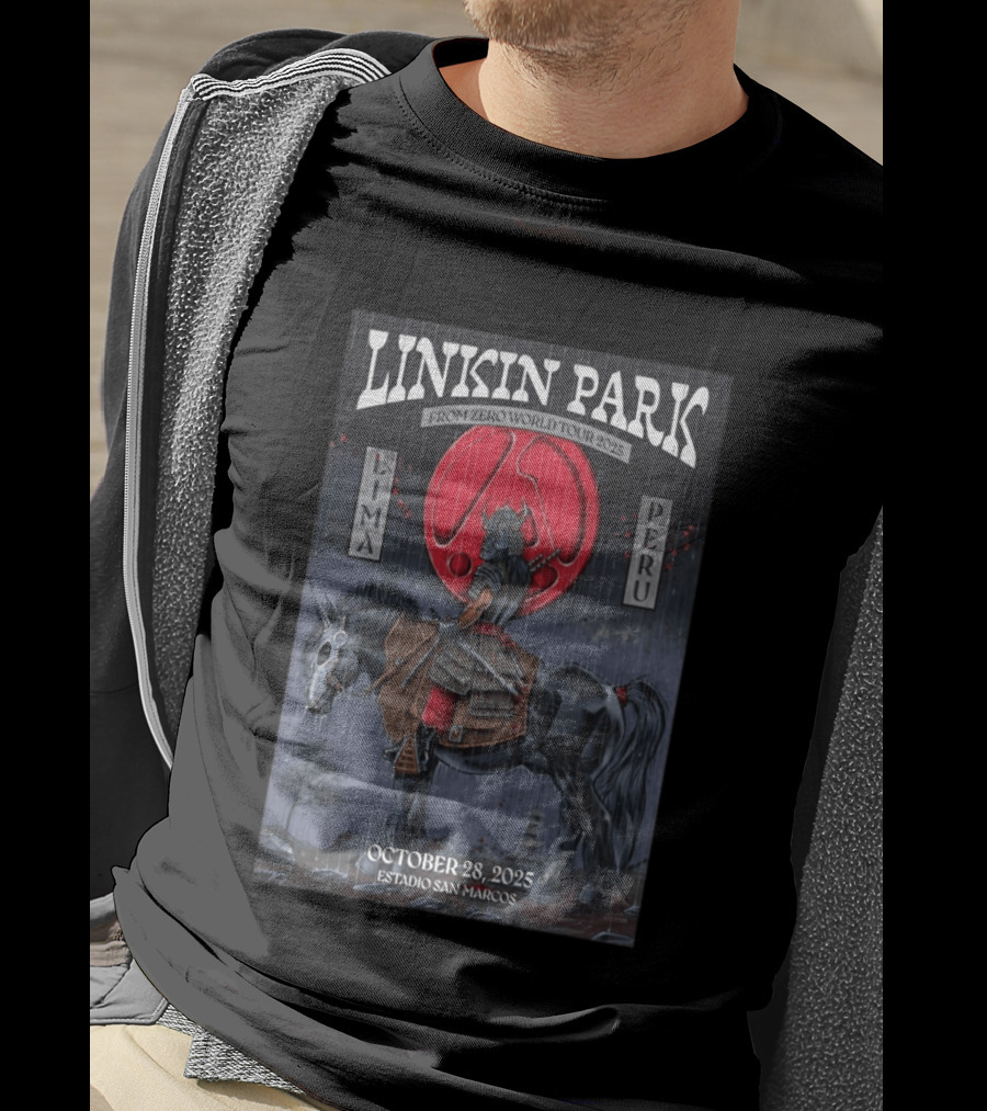 Linkin Park From Zero World Tour 2025 Lima Peru Estadio San Marcos October 28 Samurai Warrior On Horse With Red Moon T-Shirt