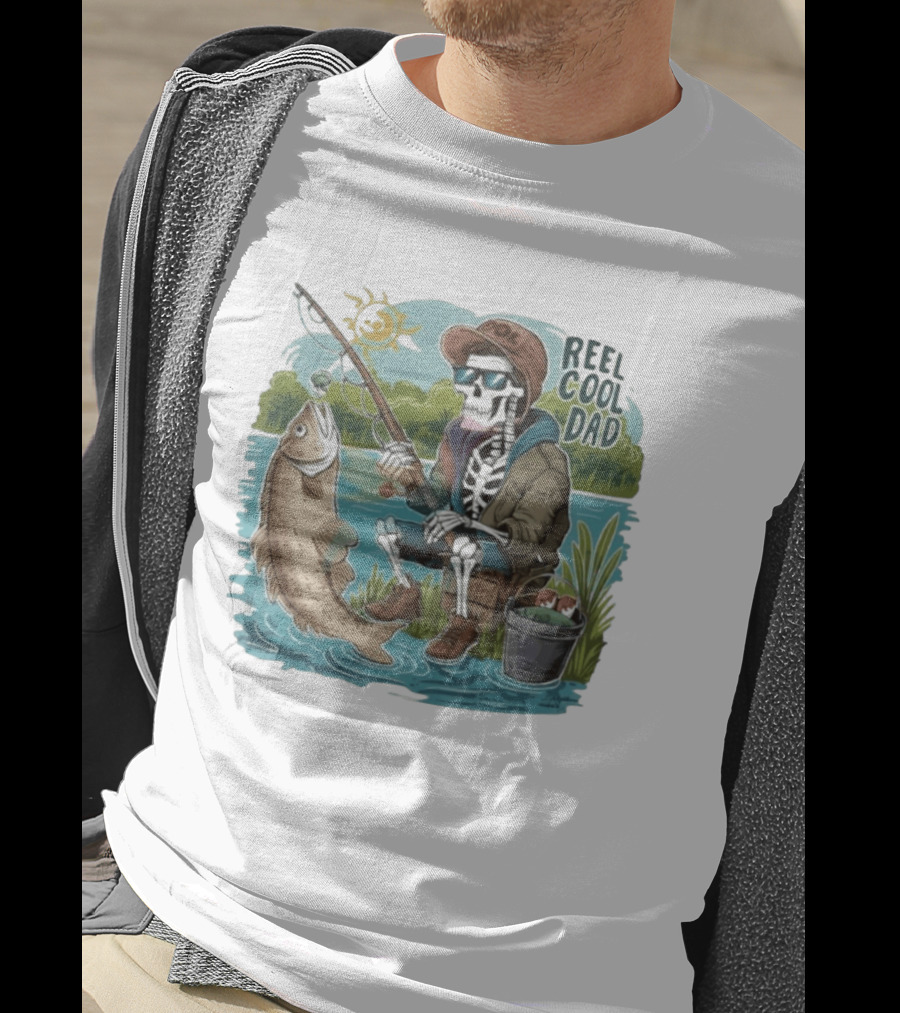 Reel Cool Dad Fishing Skeleton Catching Fish Cartoon T-Shirt