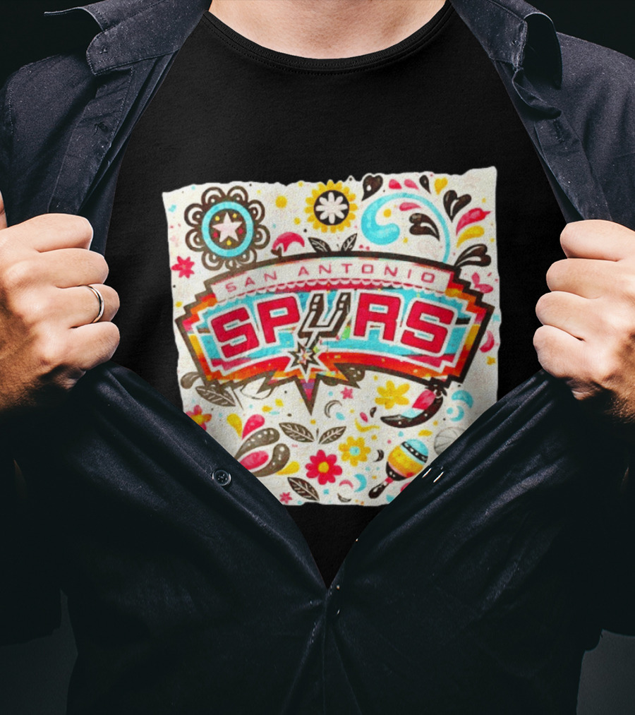 San Antonio Spurs NBA Floral Maracas Basketball Trophy Motif T-Shirt