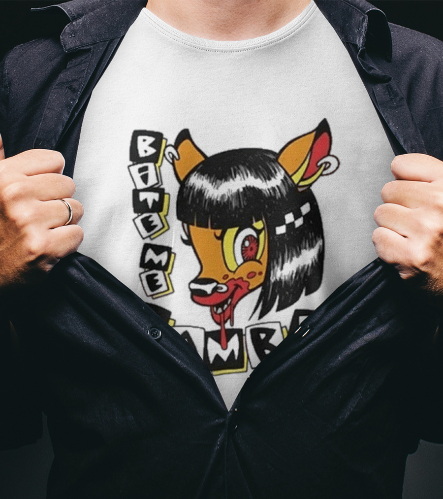 Bite Me Bambi Cartoon Character With Black Hair And Blood Dripping Mouth T-Shirt