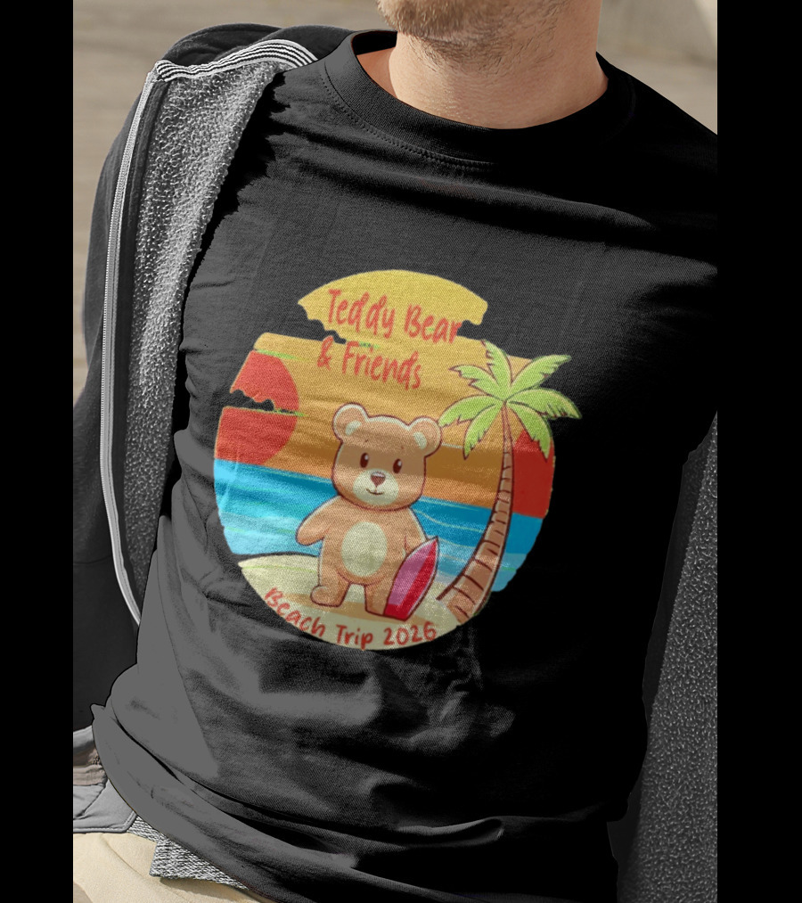 Teddy Bear And Friends Beach Trip 2026 Summer Adventure With Palm And Sunset T-Shirt