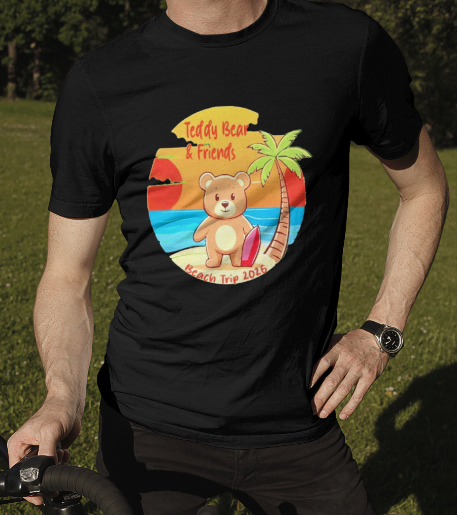 Teddy Bear And Friends Beach Trip 2026 Summer Adventure With Palm And Sunset T-Shirt